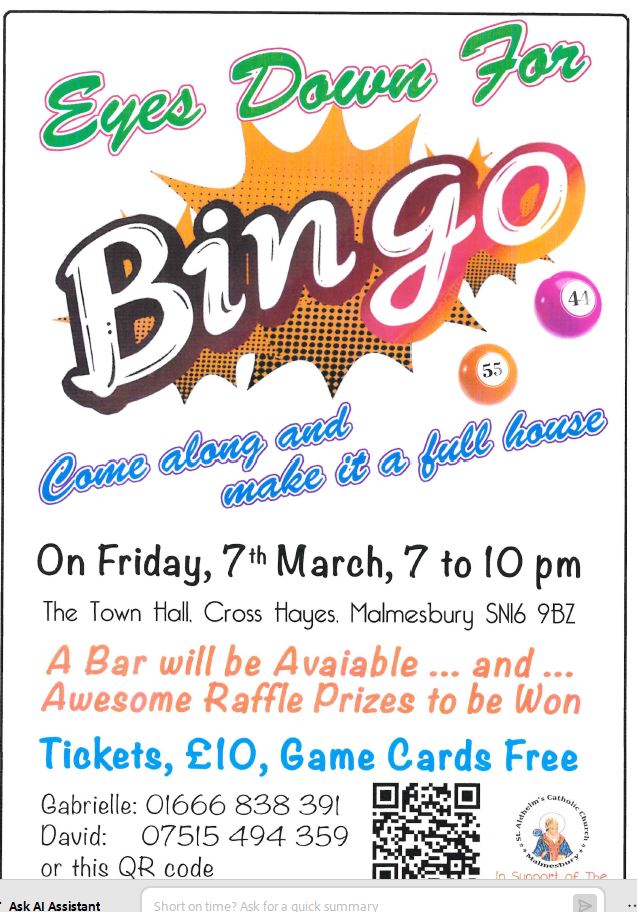 Eyes Down For Bingo - In Support of St Aldhelm's Catholic Church Parish Hall Fund